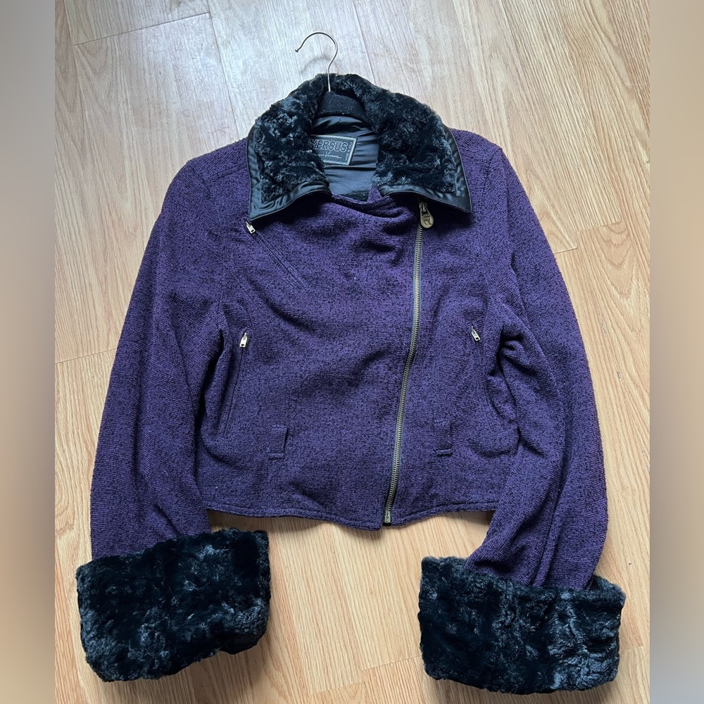 Versus By Versace Purple Teddy Jacket with Black Faux Fur